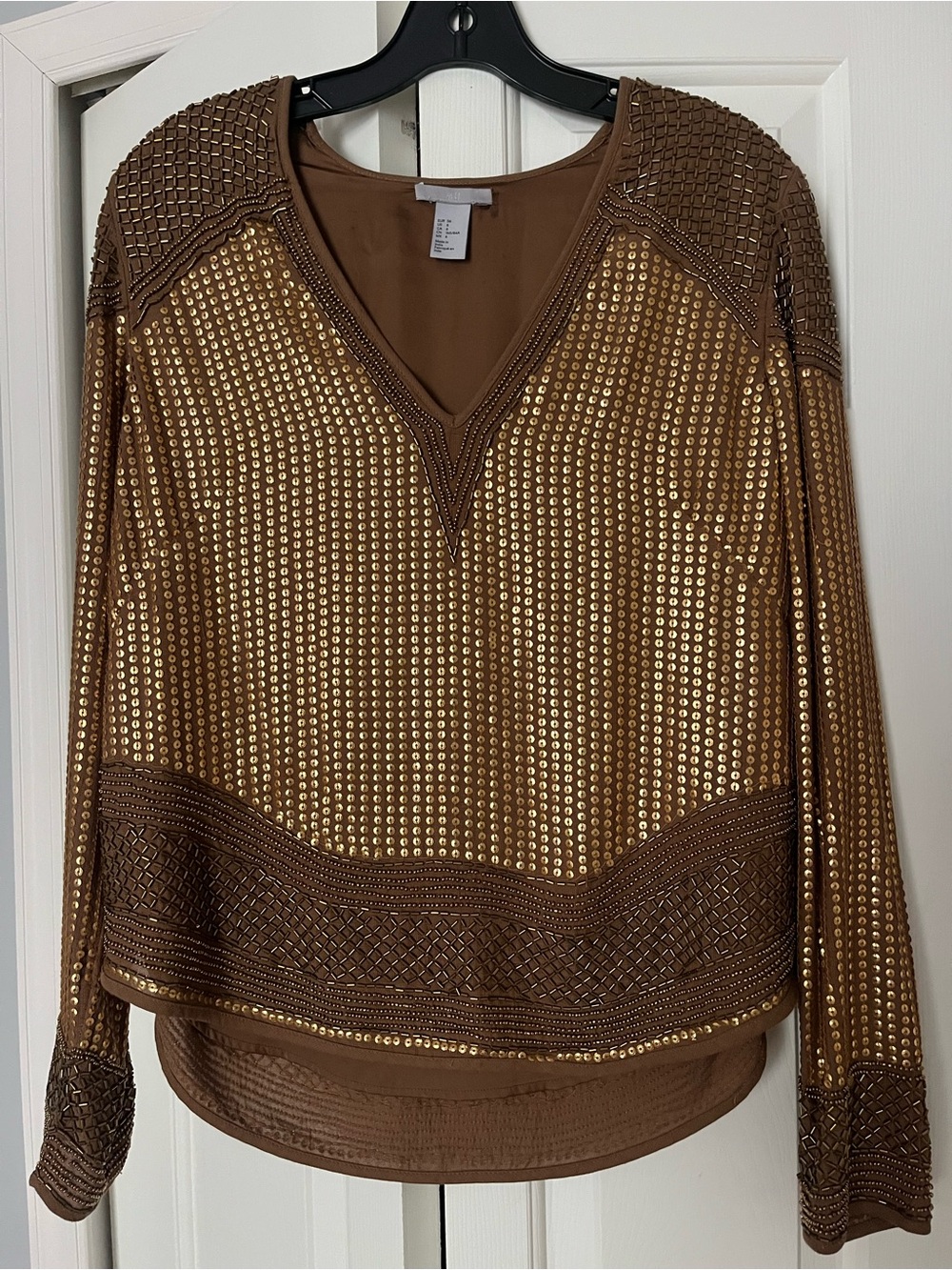 H&M Brown Gold Fully Beaded and Sequined V-Neck Top